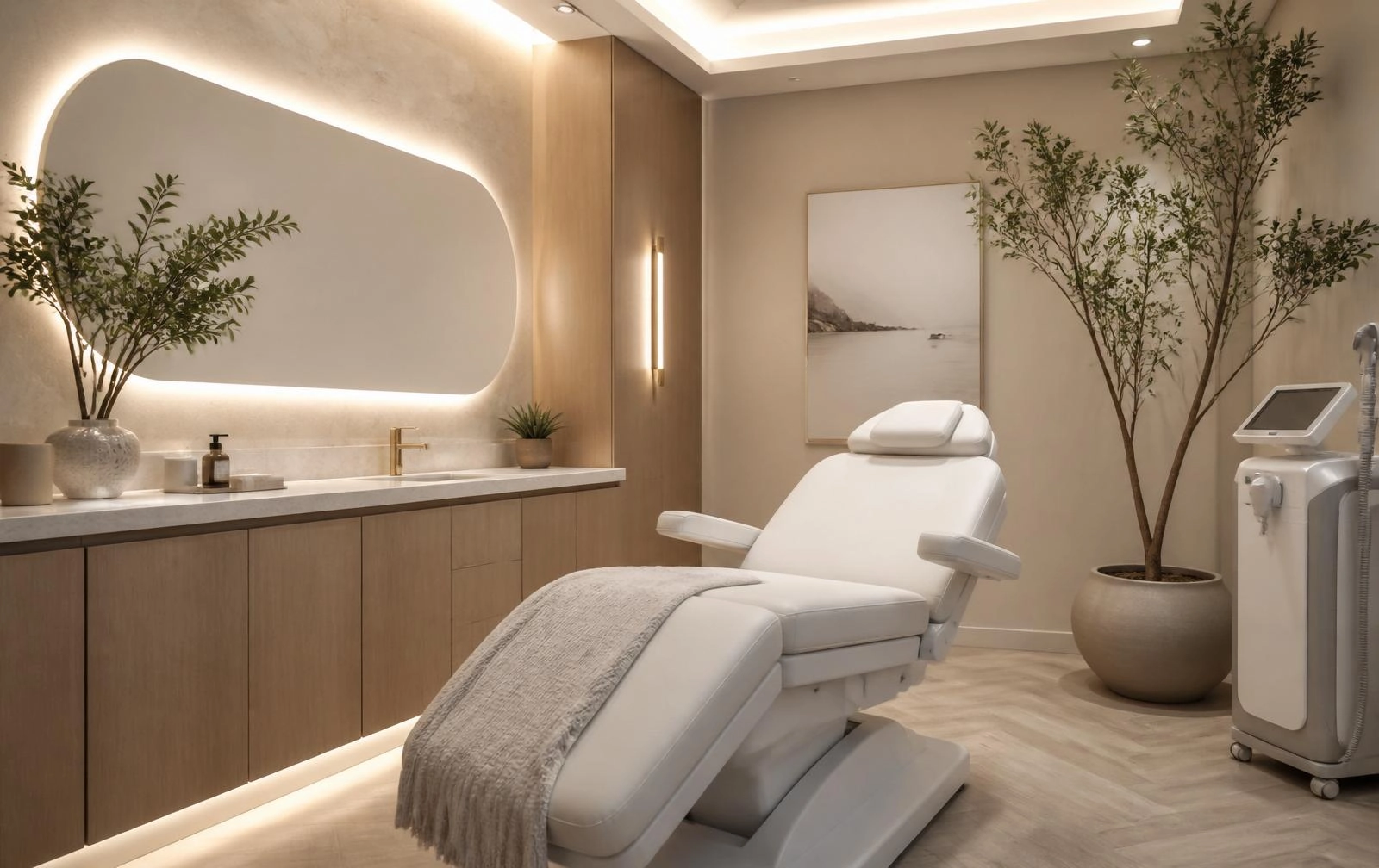 Med spa consultation room where a practitioner reviews treatment options with a client
