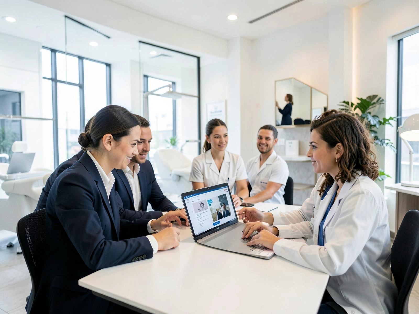 Two OVRIO team members reviewing med spa growth data together on a laptop